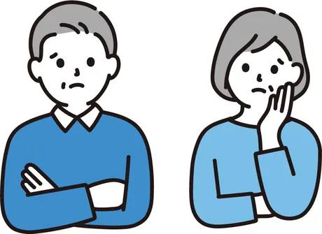 年齢を気にして悩むシニア夫婦のイラスト